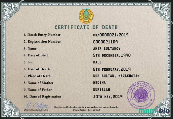 Kazakhstan śmierć certyfikat PSD szablon